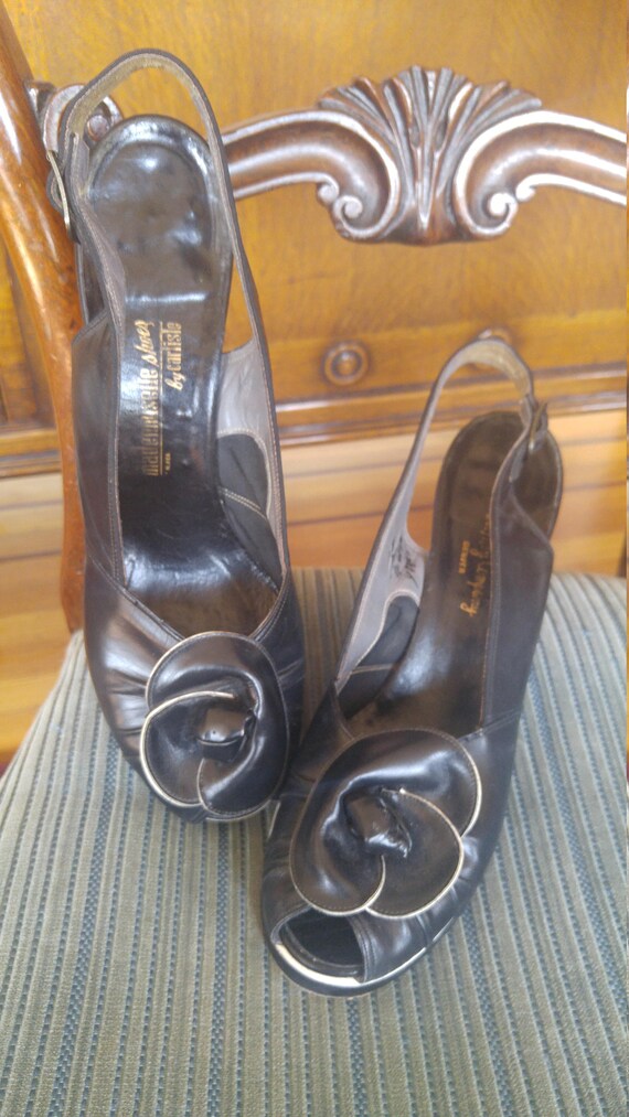 Vintage 1940s platforms, slingback peep toe heels,