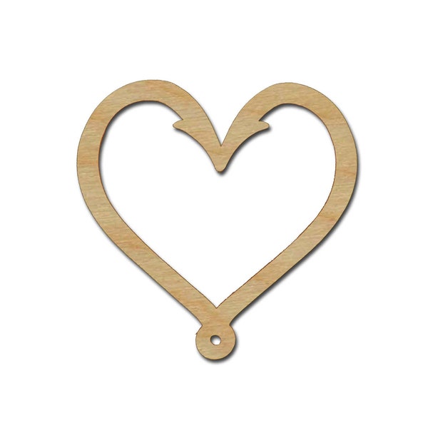 Fish Hook Heart Shape Unfinished Wood Cutouts Variety of Sizes