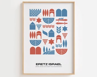 May include: A framed print with a geometric design featuring blue and red shapes. The design includes symbols like stars, grapes, and a menorah. The text "Eretz Israel" is at the bottom, with the subtitle "Jewish, Zionist and Israeli Visual Manifestation".