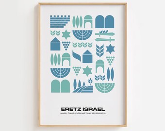 May include: A white poster with a blue and green geometric design featuring symbols of Israel. The text "Eretz Israel" is at the bottom of the poster, with the subtitle "Jewish, Zionist and Israeli Visual Manifestation".