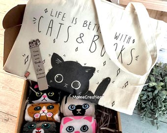 Gift box for cat lover book lover birthday gift for her cat theme gift cat mom unique gift for cat lover book lover gift cat print tote bag