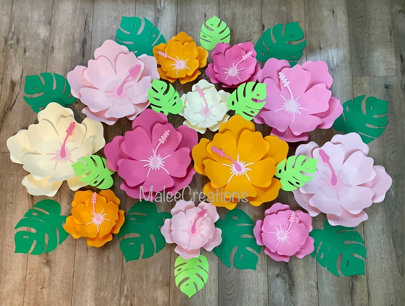 Hibiscus Paper Flowers,Luau Party Decor,Tropical Backdrop,Hawaiian themed nursery,Moana inspired birthday, girl room decor,aloha party, image 1
