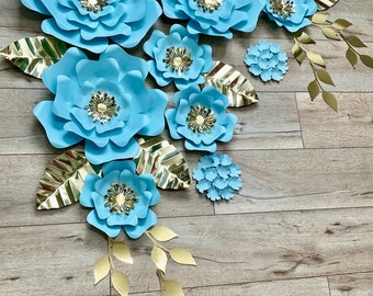 Light Blue Paper Flower Backdrop with Gold Leaves - Set of 9