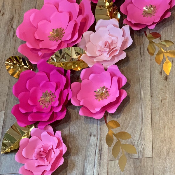Pink and gold giant paper flowers,  set of 10 pcs paper flowers, nursery wall decor, wedding backdrop, bridal shower, baby shower backdrop