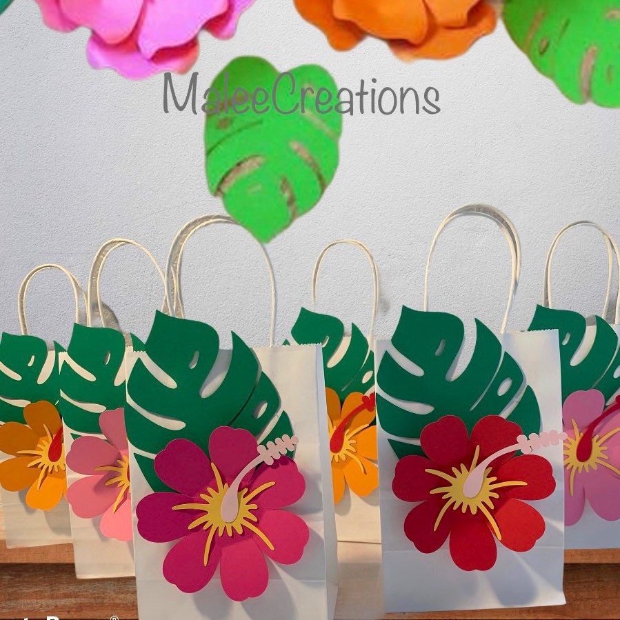 Hawaiian theme favor bags, treat bags, party favor bags,hibiscus flowers, luau party favor bags,Hawaiian party, Moana theme party favors