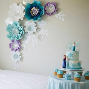 Frozen Inspired Paper Flower Backdrop: Snowflake Decorpaper flowers, princess theme image 9