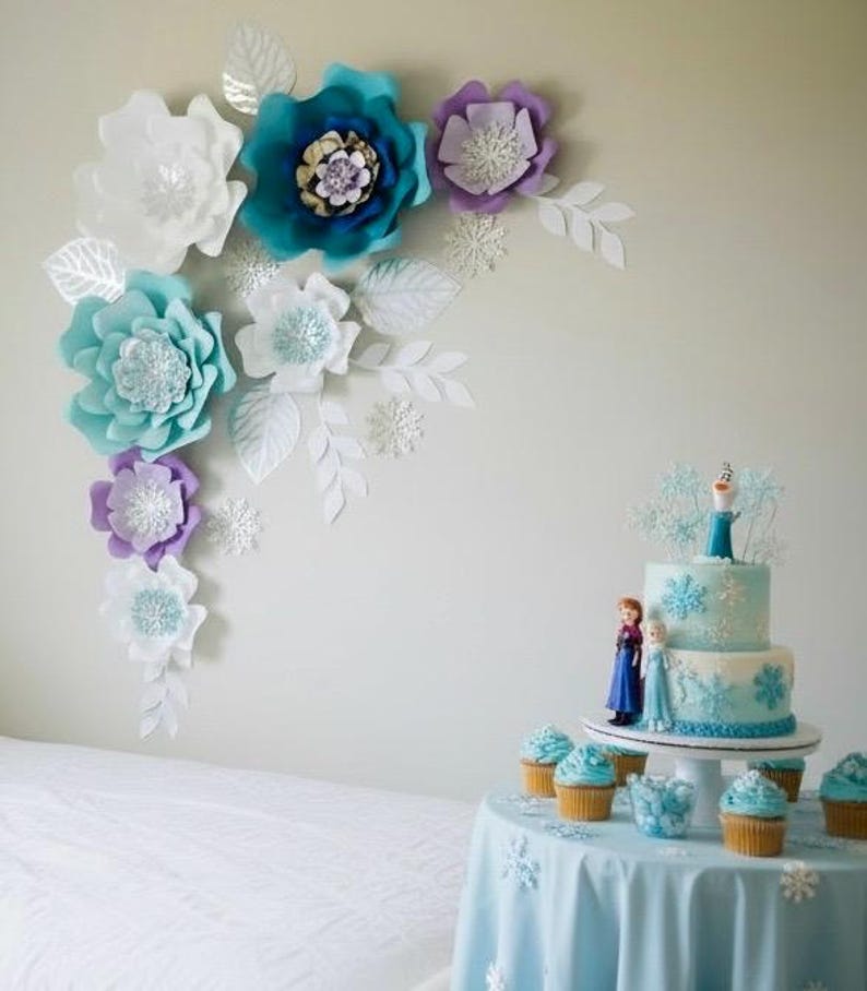 Frozen Inspired Paper Flower Backdrop: Snowflake Decorpaper flowers, princess theme image 9