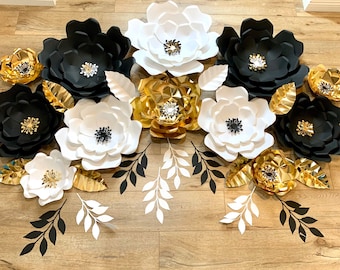 Black, White & Gold Paper Flower Set, wedding backdrop, anniversary decor, fifteth birthday decor,graduation,
