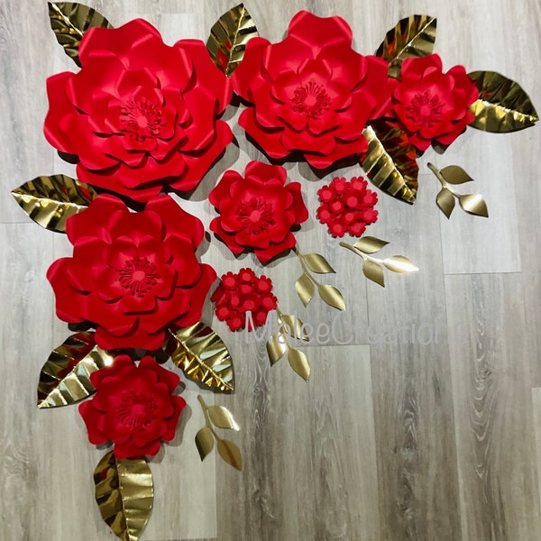 Red & gold paper flowers wedding backdrop graduation party decor anniversary backdrop flowers beauty and the beast party Flores de papel