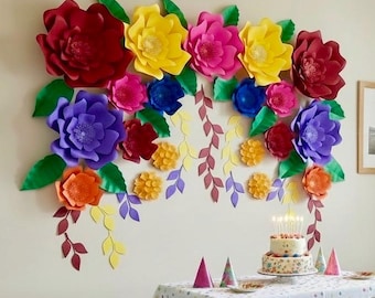 fiesta paper flowers,giant paper flowers, floral de papal,Encanto themed, Frida Kahlo,graduation backdrop,fiesta party decor,Mexican wedding