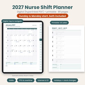 2027 Nurse Planner, Sunday and Monday Start Both Included, Digital Printable Nurse Shift Planner, 12 Hour Shift Tracker, PTO, License CE Log