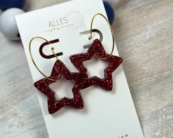 Miss Americana: Glitter and Gold Star Hoop Earrings, America 250 Accessory, Patriotic Fashion, 4th of July Jewelry, Gift for Her