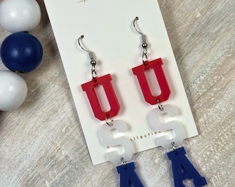 Miss Americana: Acrylic USA Earrings, America 250 Accessory, Patriotic Fashion, Red White and Blue Jewelry, 4th of July Gift for Her