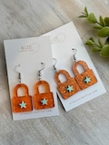 Orange Glitter Star Lock Earrings • Laser-Cut Acrylic Showgirl Jewelry