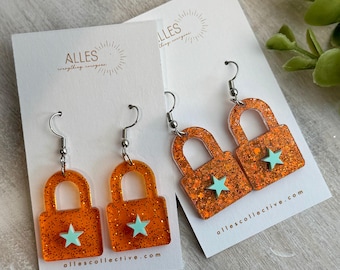 Pop Star Inspired, Showgirl Orange Glitter Lock Earrings, Laser Cut Acrylic Star Jewelry, Taylor Swift Inspired Accessory, Unique Fan Gift