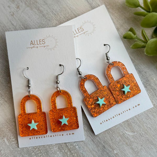 Pop Star Inspired, Showgirl Orange Glitter Lock Earrings, Laser Cut Acrylic Star Jewelry, Taylor Swift Inspired Accessory, Unique Fan Gift
