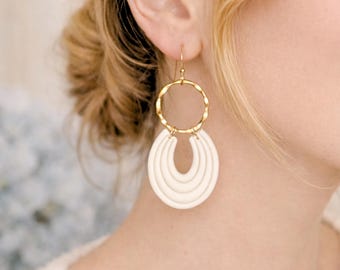 Soft Neutral Clay Earrings, Lightweight Minimal Dangle Earrings, Porcelain Blue Earrings, Modern Everyday Jewelry, Nora