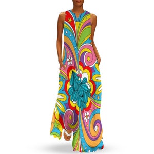 May include: A sleeveless, floor-length dress with a vibrant, psychedelic pattern. The dress features a V-neck and pockets, with a colorful design of swirls, flowers, and stars in shades of blue, red, yellow, and green.