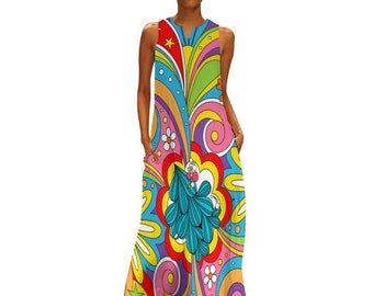 It's A Trip Trippy Psychedelic 70's Boho Hippie Floral Swirl Print Sleeveless Long Flowing Resort Vacation Maxi Dress