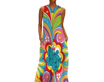 It's A Trip Trippy Psychedelic 70's Boho Hippie Floral Swirl Print Sleeveless Long Flowing Resort Vacation Maxi Dress