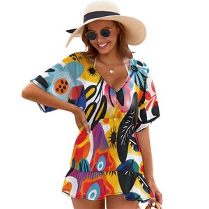 Abstraction Floral Print Chiffon Style Short Sleeve Ruffle Hem Beach Cover Up Mini Dress