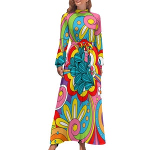 Psychedelic Floral Swirl Boho Mockneck Long Sleeve Flowing Maxi Dress