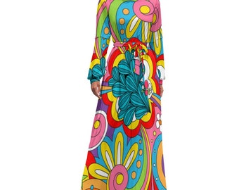 Psychedelic Floral Swirl Boho Mockneck Long Sleeve Flowing Maxi Dress