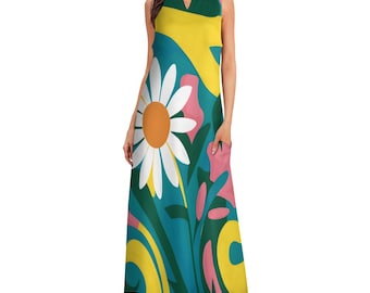 Vestido largo con estampado floral: vestido bohemio sin mangas para resort