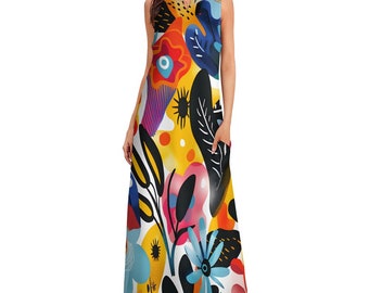 May include: A sleeveless maxi dress with a white background and a colorful abstract floral print. The print features yellow, red, blue, green, and black colors.