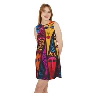The Masks A-line Sleeveless Stretch Mini Dress | Abstract Print Dress | Stretch Dress | All over print dress