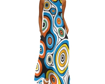 Psychedelic Circles Trippy 70's Boho Hippie Abstract Art Deco Print Sleeveless Long Flowing Resort Vacation Maxi Dress