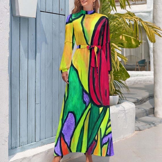 linen maxi dress long sleeve Green Linen Tiered Maxi Dress - Pure European Linen