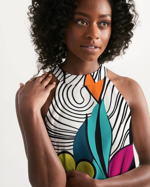 women's boho mini dress Abstract Daisies Summer Halter | Boho Mini Dress short summer boho dresses