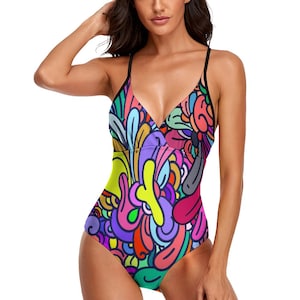 Psychedelische Swirl Retro Print Decolleté badpak met V-hals uit één stuk