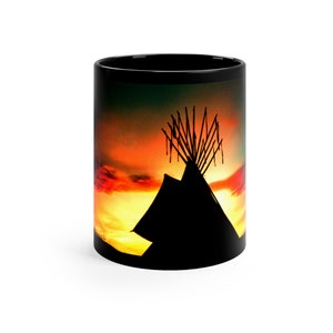 Powwow Sunset, 11oz Black Mug, Native and Indigenous Original Art Series