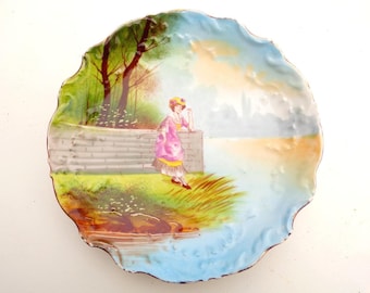 Antique French  porcelain plate hand painted Fragonard style