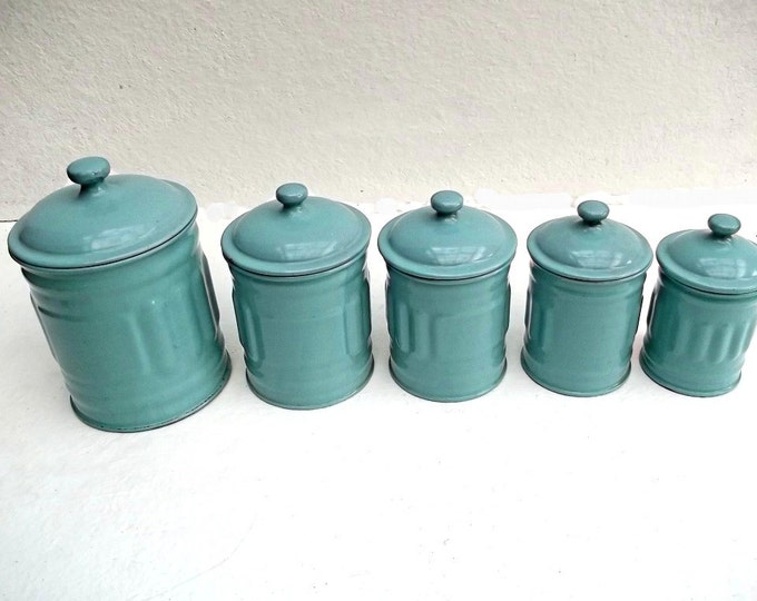 Vintage French CANISTER SET 5 Pieces Aqua Green Enamel Kitchenware