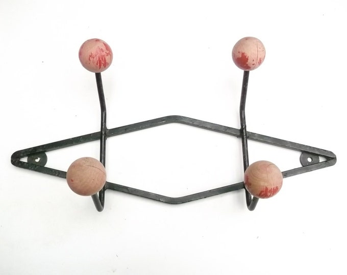 Vintage French Hat Coat Rack Hook With Black Iron Rack and Red Wooden