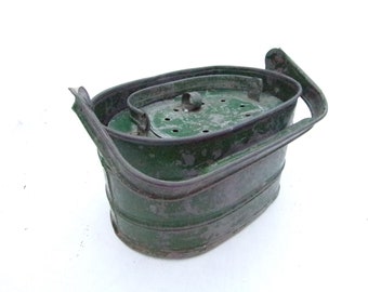 Vintage minnow bucket  with double fishing pail French rustic pail with  green paint / fisherman fish