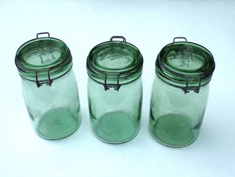 Antique Set 3 French Glass Jars JAM flip top latch lid Aqua Etsy