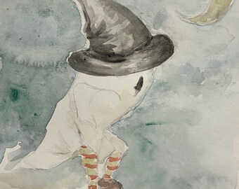 Oryginalny akwarelowy duch Baby Jagi – folklorystyczny duch – fantazyjny obraz fantasy autorstwa PaperHumor