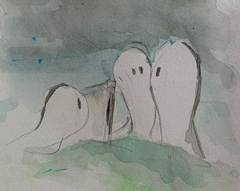 Akwarela z introwertycznym duchem – kapryśny obraz ducha – mały oryginalny obraz