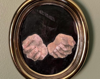 Surrealistyczne studium dłoni – oryginalna sztuka akrylowa na płótnie – obraz w oprawie vintage