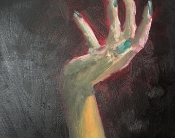 Sięgając w ciemność – Ciemna sztuka, ręcznie malowany olejem, surrealistyczne studium figuralne – oryginalna sztuka na płótnie