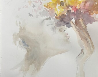Nastrojowy portret – surrealistyczna akwarela – oryginalna sztuka