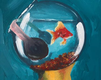 Głowa jak złota rybka – Oryginalny surrealistyczny obraz akrylowy przedstawiający złotą rybkę – dzieło sztuki na płótnie 11x14