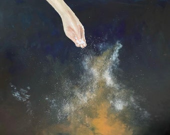 Oryginalny obraz olejny o tematyce niebiańskiej: Rozpraszające gwiazdy ręką