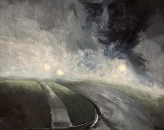 Oryginalny surrealistyczny obraz olejny: Mistyczna istota spoglądająca na krajobraz