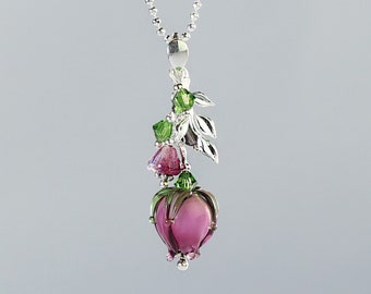 Sterling Silver Pendant Magic Orchid,  Lampwork Flower, sra