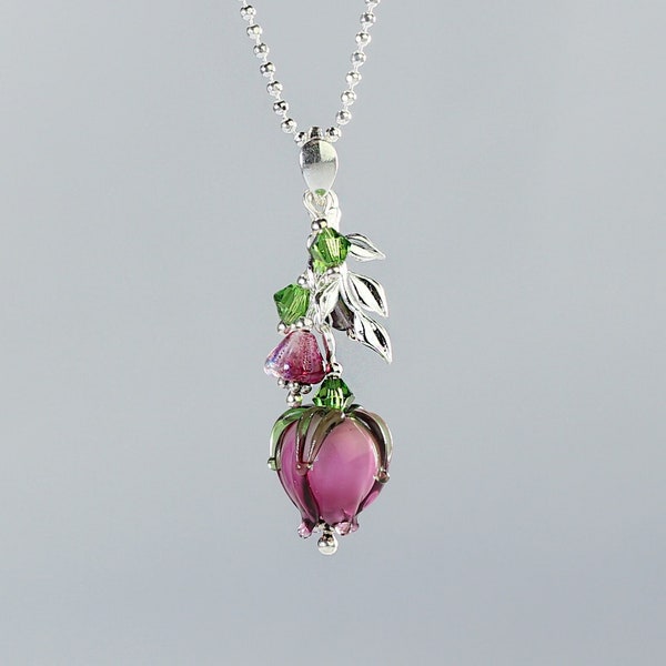 Sterling Silver Pendant Magic Orchid,  Lampwork Flower, sra